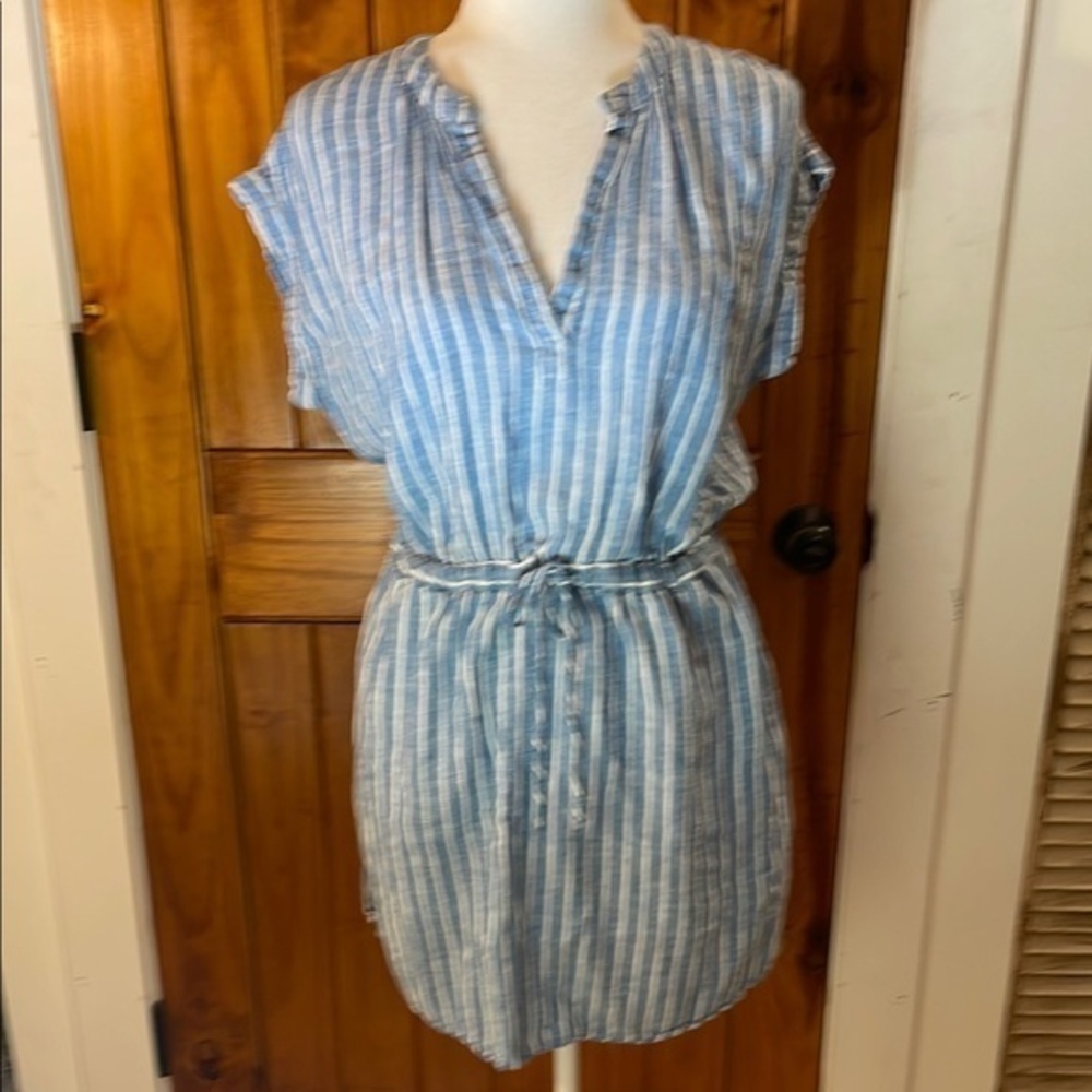 Rails Blue white Striped Mini Dress Small Drawstring waist v neck short sleeves